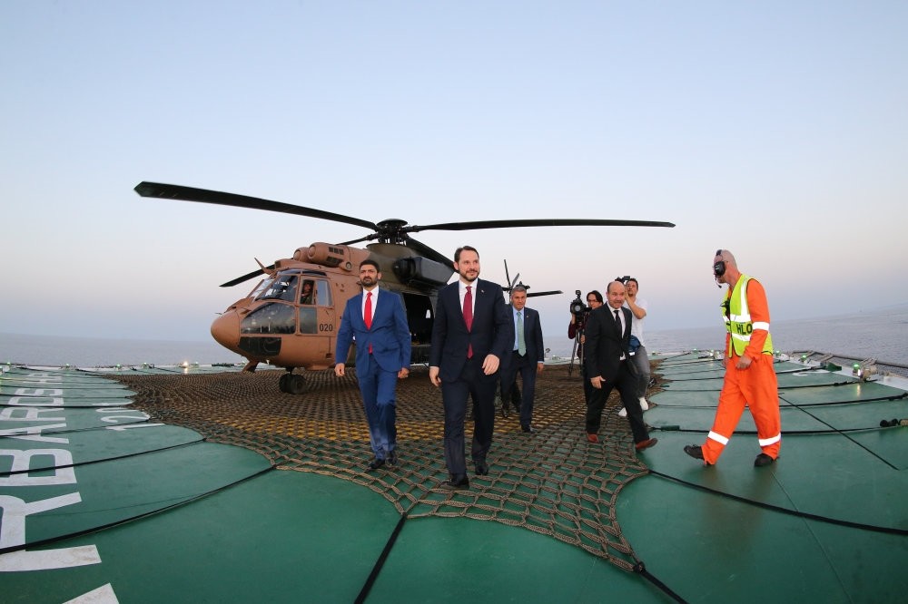 Energy and Natural Resources Minister Berat Albayrak (F) visits the Barbaros Hayrettin Pau015fa seismic survey vessel together with Turkish Cypriot Economy and Energy Minister Sunat Atun (L).