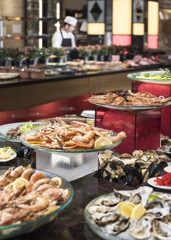 The open kitchen during the brunch service at Swissotel the Bosphorus allows guests to see the chefs at work.  