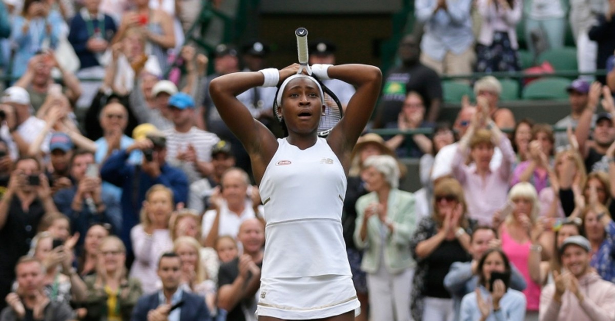 United States' Cori ,Coco, Gauff reacts after beating United States's Venus Williams in a Women's singles match during day one of the Wimbledon Tennis Championships in London, Monday, July 1, 2019. (AP Photo)