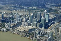 An aerial view of London's Canary Wharf financial district and the River Thames, taken from a light  aircraft flying over London on Aug. 1, 2017.