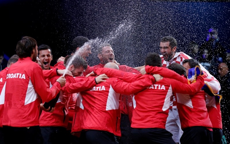 Croatia's team members celebrate their Davis Cup final win against France, Sunday, Nov. 25, 2018 in Lille, northern France. (Reuters Photo)
