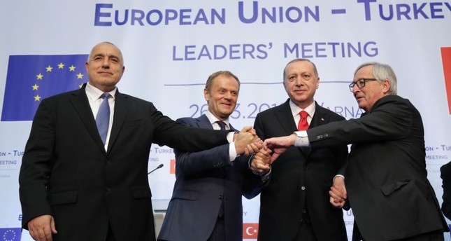 From left: Bulgaria’s PM Boyko Borissov, European Council President Donald Tusk, President Recep Tayyip Erdoğan and European Commission President Jean-Claude Juncker pose following a news conference at Euxinograd residence near Varna, March 26, 2018.