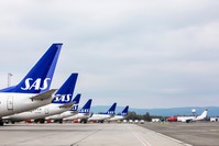 SAS planes are seen grounded at Oslo Gardermoen airport during pilots strikes, in Oslo, Friday, April 26, 2019. (AP Photo) 