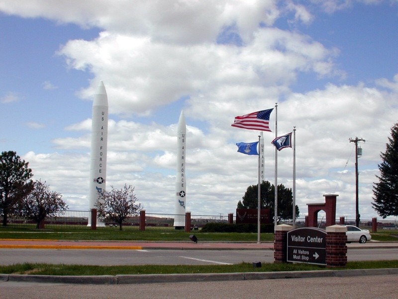 This May 13, 2005, file photo, shows three types of missiles that flank the main gate of F.E. Warren Air Force Base, Wyo. (AP Photo)