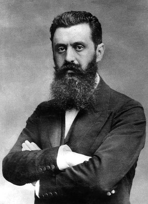 Black and white image of bearded man Theodor Herzl, one of the first Zionist writers