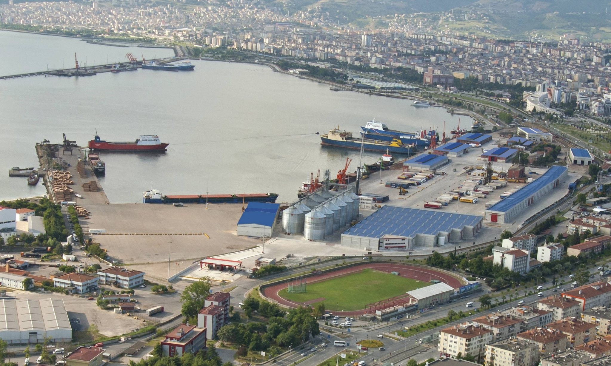 An aerial view of Samsun Port which resumed exporting Turkish goods to Russia in October 2016 after ties between Turkey and Russia started to normalize.