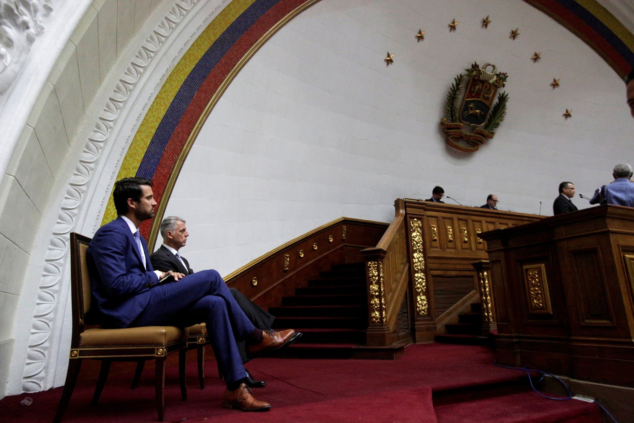 Craig Kowalik (L), political advisor to the embassy of Canada, and Eduardo Porretti, Charge d'Affaires of the embassy of Argentina, attend a session of Venezuela's opposition-controlled National Assembly in Caracas, Venezuela, August 2, 2017. (REUTER