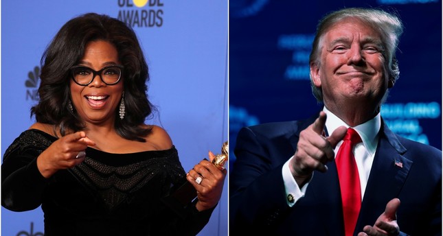 Oprah poses backstage at the 75th Golden Globe Awards in Beverly Hills/ Trump concludes his remarks at the American Farm Bureau Federation convention in Nashville. (REUTERS Photo)
