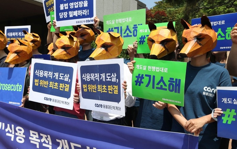 This picture taken on June 20, 2018 shows South Korean animal rights activists wearing dog-shaped masks outside a court in Seoul as they rally in support of an anticipated a court decision declaring killing dogs for meat is illegal. (AFP Photo)