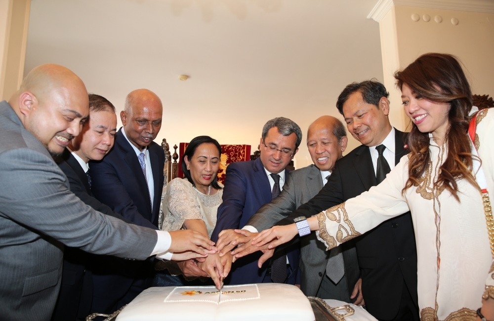 Deputy Foreign Minister Yu0131ldu0131z (fourth from right) attends the reception hosted by Indonesian ambassador to Ankara Wardana (third from right) on the occasion of the 50th anniversary of the founding of ASEAN, July 8. 