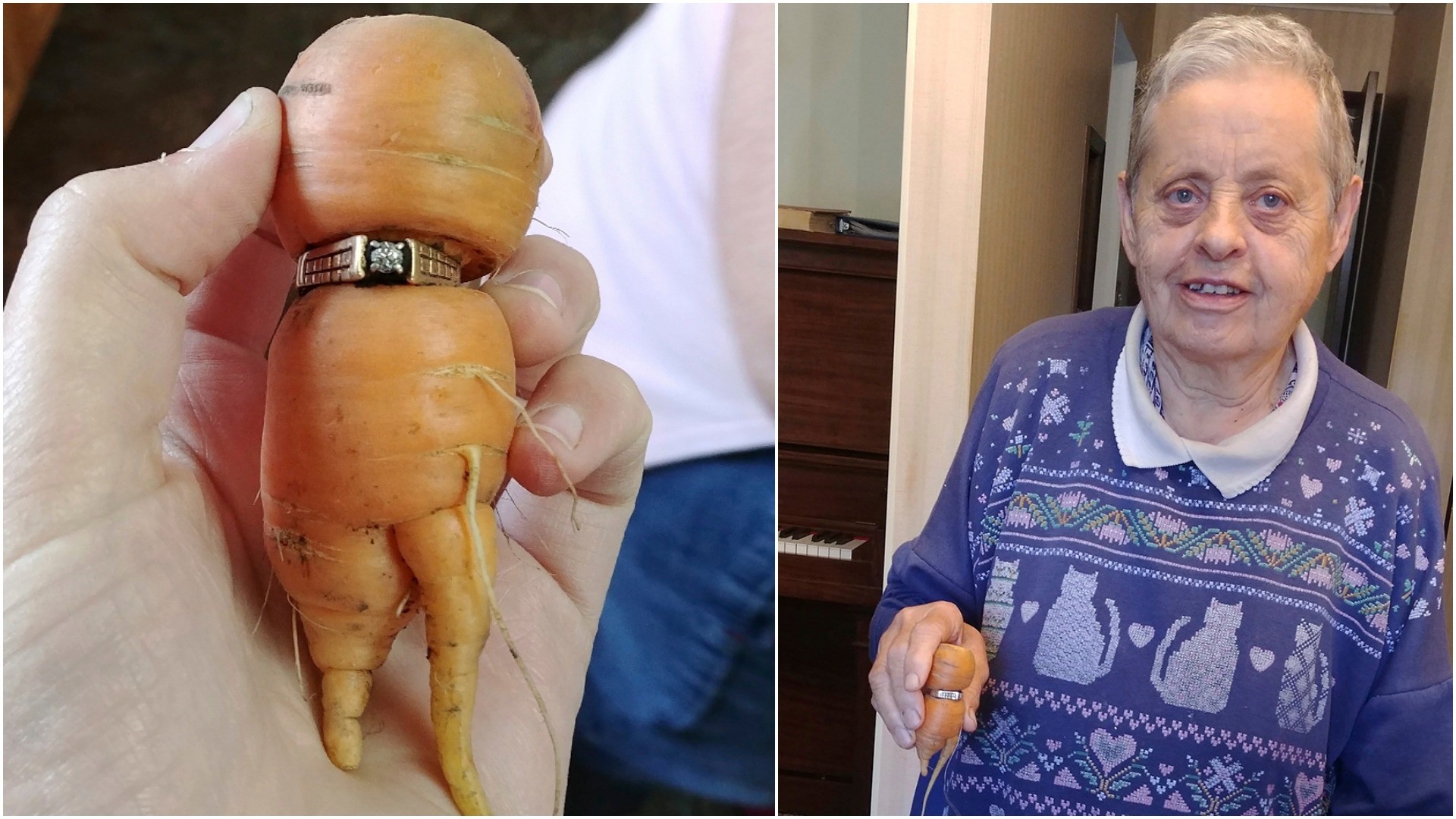 In an undated photo provided by Iva Harberg, Mary Grams, 84, holds a carrot that grew through her engagement ring in Alberta, Canada. (AP Photo)