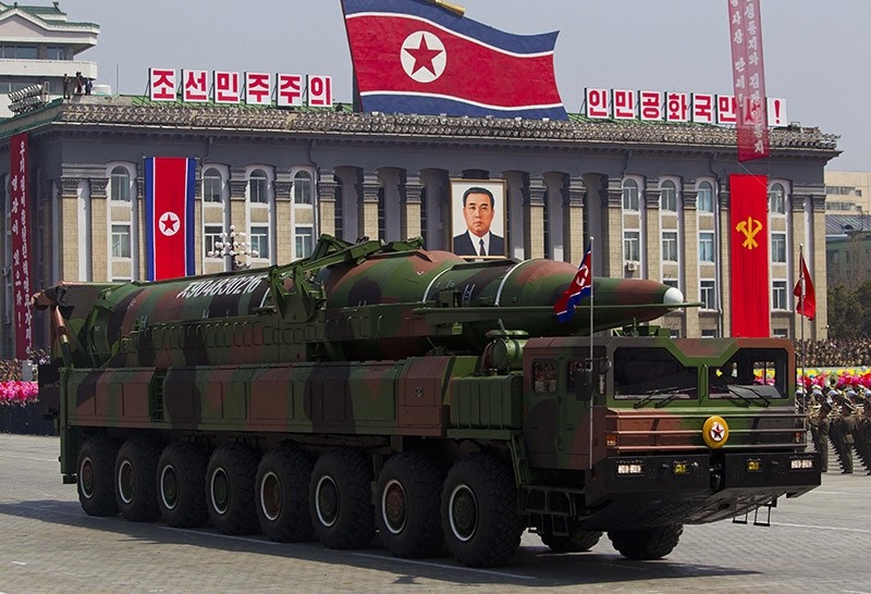 A North Korean vehicle carrying a missile passes by during a mass military parade in Pyongyang's Kim Il Sung Square to celebrate the centenary of the birth of the late North Korean founder Kim Il Sung. (AP File Photo)