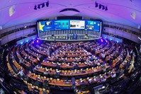 An inside view of the European Parliament Hemicycle where journalists are following the European elections results, Brussels, May 26, 2019.