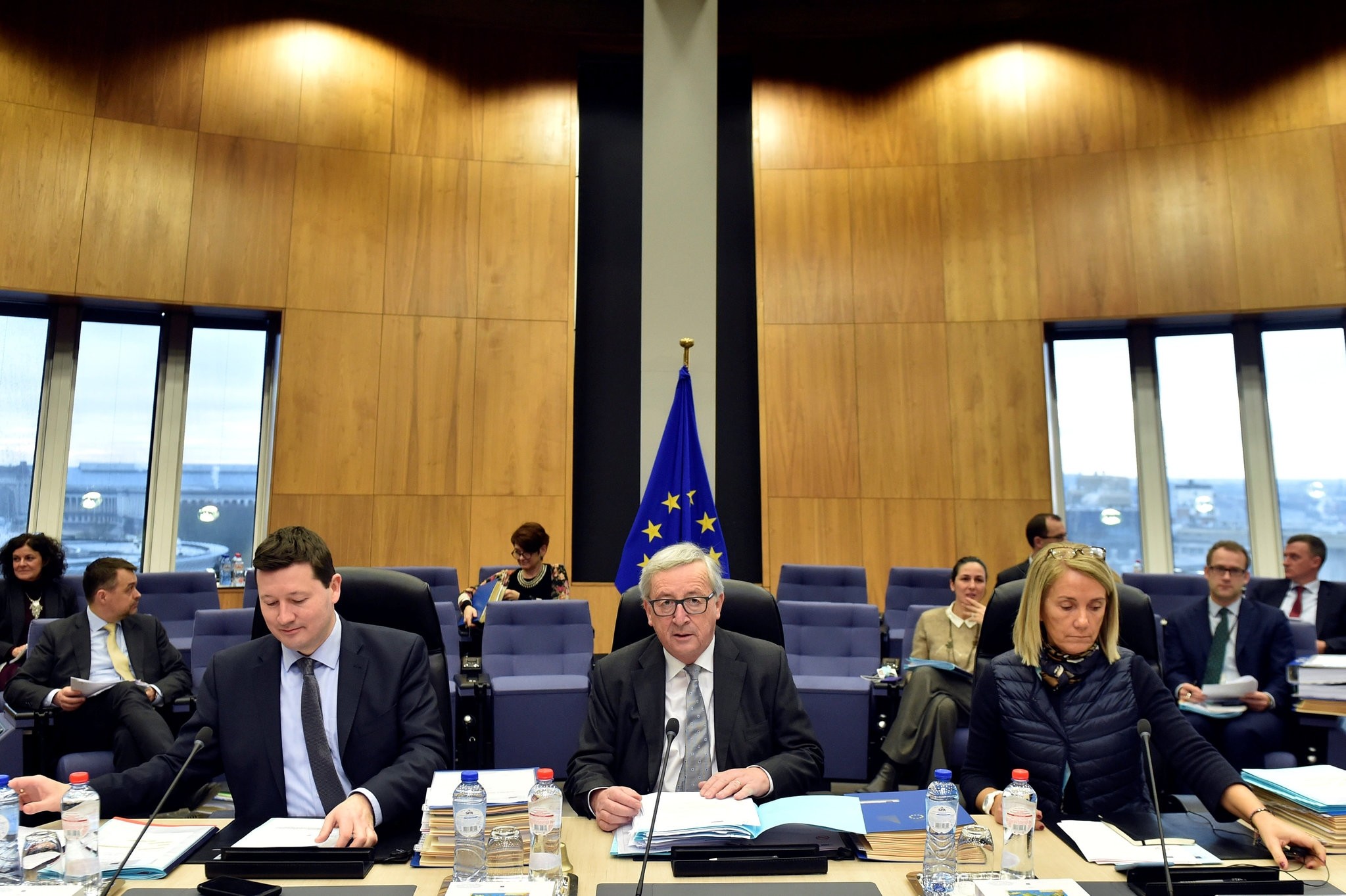European Commission Secretary General Martin Selmayr, EC President Jean-Claude Juncker and Head of Cabinet of the President Clara Martinez Alberola meet with the College of Commissioners, in Brussels, March 7, 2018. (REUTERS Photo)