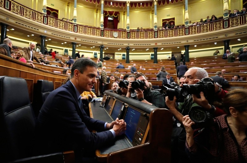Spain's Prime Minister Pedro Sanchez is photographed at the Spanish parliament in Madrid, Wednesday, Feb. 13, 2019. (AP Photo)