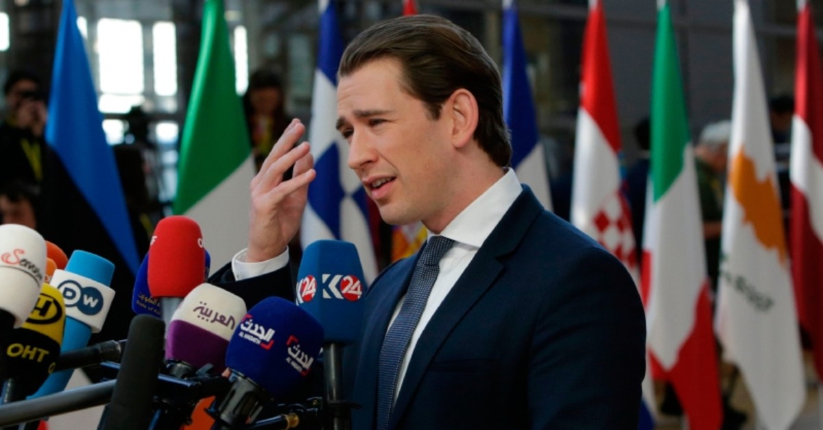 Austria's Chancellor Sebastian Kurz speaks to the press as he arrives ahead of a European Council meeting on Brexit at The Europa Building at The European Parliament in Brussels on April 10, 2019 (AFP Photo)