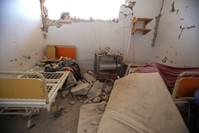 A damaged interior after a regime airstrike on a makeshift health clinic near Tallmannis in Syria's northern Idlib province, Aug. 21, 2019.