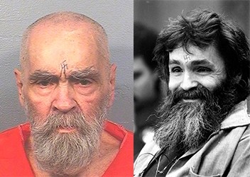 This file photo combination of Charles Manson shows the brutal serial killer on Aug. 14, 2017 and provided by the California Department of Corrections and Rehabilitation (L) and on Feb. 4, 1986 and looking towards the parole board in San Quentin.