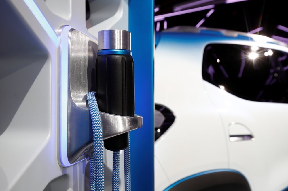The charging plug of the electric show car Renault K-ZE, is pictured after its launch at the opening of the Paris auto show, Oct. 1.