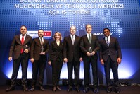 SSB Pres. Demir (2-R), Industry & Tech D. Min. Kacu0131r (2-L), Transportation and Infrastructure D. Min. Sayan (L), BR&T's Hussain (R), Boeing Turkey's Sargu0131n (3-L) attend the opening ceremony of Boeingu2019s first Engineering and Technology Center, Monday.