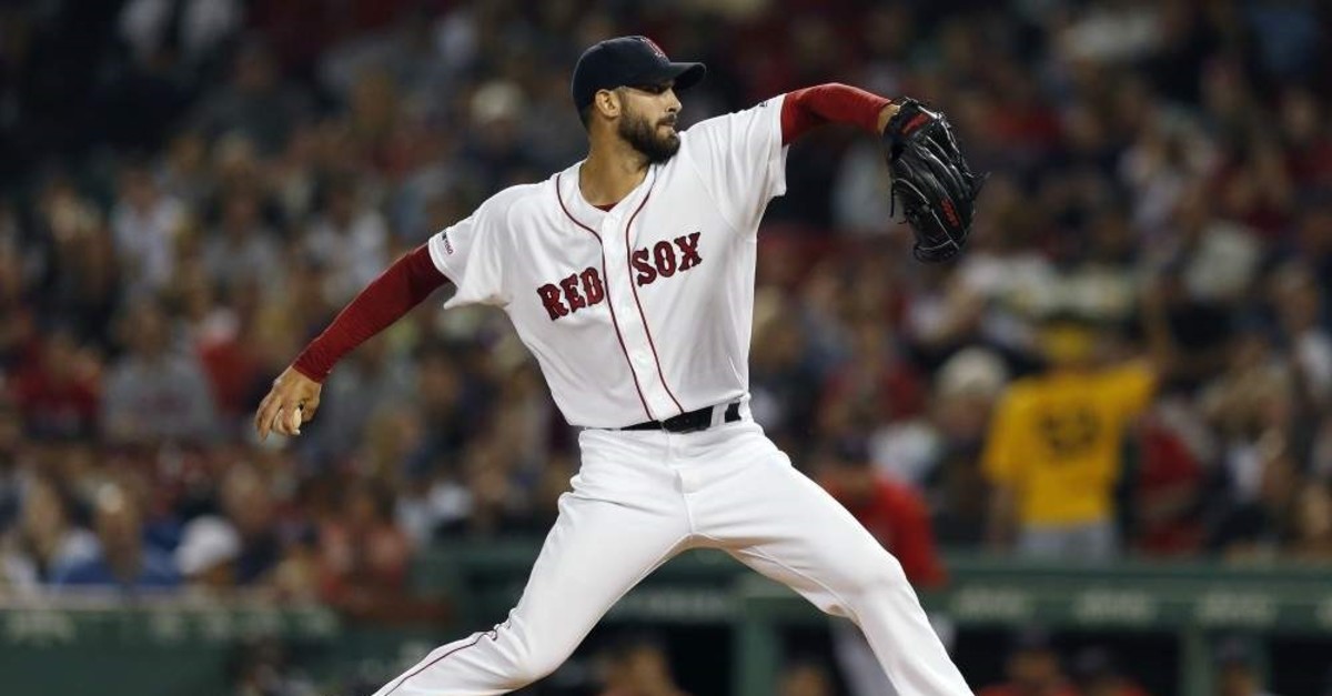 Boston Red Sox's Rick Porcello pitches during the first inning of a baseball game against the New York Yankees, in Boston, Sept. 8, 2019. (AP Photo)