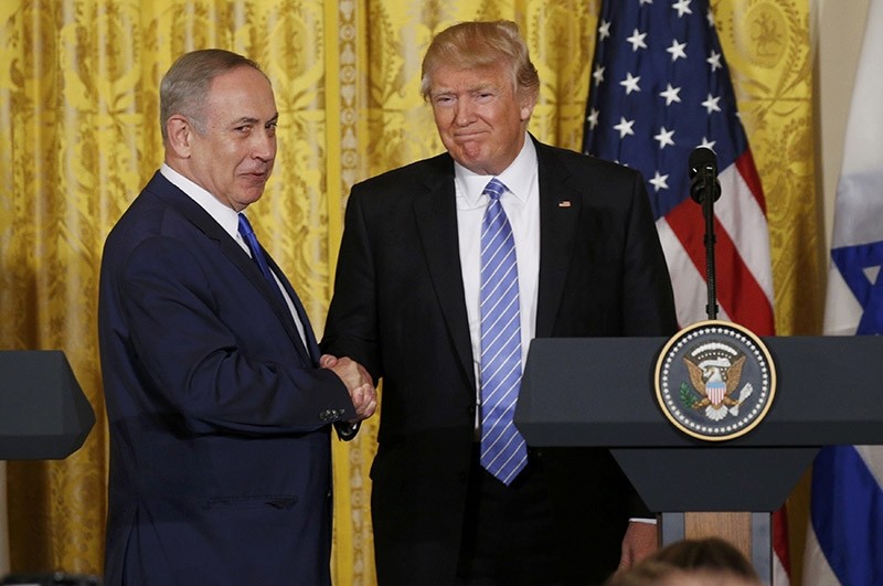 U.S. President Donald Trump (R) greets Israeli Prime Minister Benjamin Netanyahu after a joint news conference at the White House in Washington, U.S., February 15, 2017. (Reuters Photo)