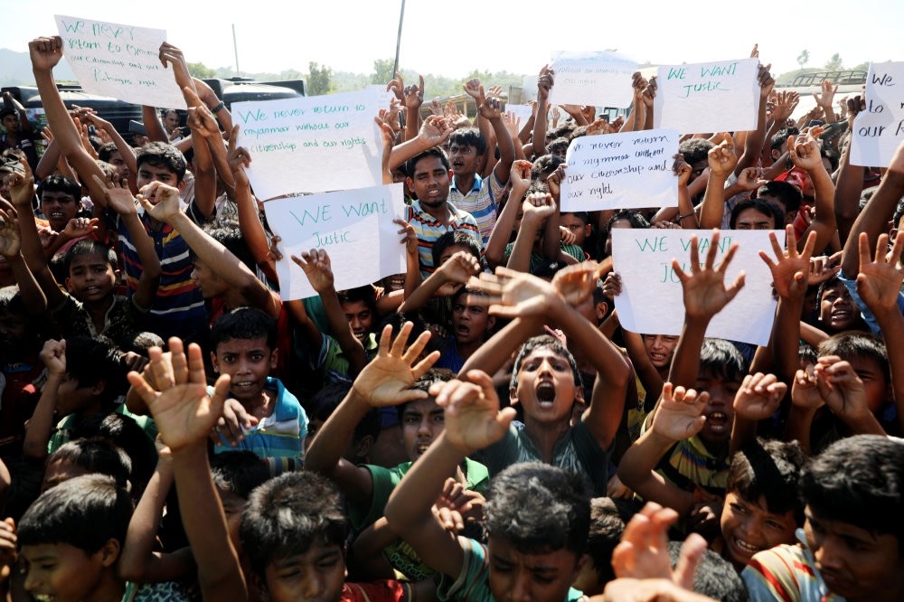 Hundreds of Rohingya refugees shout slogans as they protest repatriation at the Unchiprang camp, Teknaf, Nov. 15.