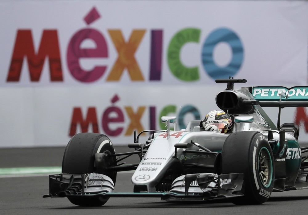 Mercedes driver Lewis Hamilton steers his car during the first practice session for the Formula One Mexico Grand Prix auto race at the Hermanos Rodriguez racetrack in Mexico City.