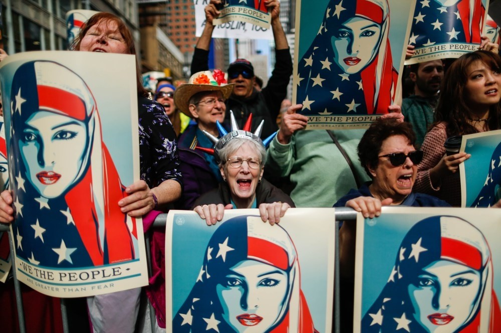 People taking part in a rally called 'I Am A Muslim Too' in a show of solidarity with American Muslims at Times Square, New York City, Feb. 19. 