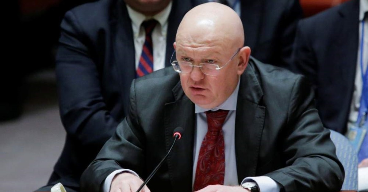 Russian ambassador to the U.N. Vasily Nebenzya speaks to members of the United Nations Security Council after voting for ceasefire to bombing in eastern Ghouta, Syria, at the United Nations headquarters in New York, Feb. 24, 2018. (Reuters Photo)
