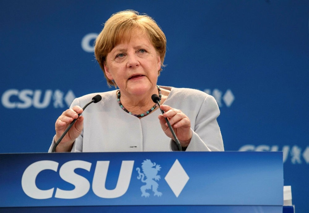 German Chancellor Angela Merkel delivers a speech during an election campaign of her Christian Democratic Union and the Christian Social Union in Munich, southern Germany, May 28.