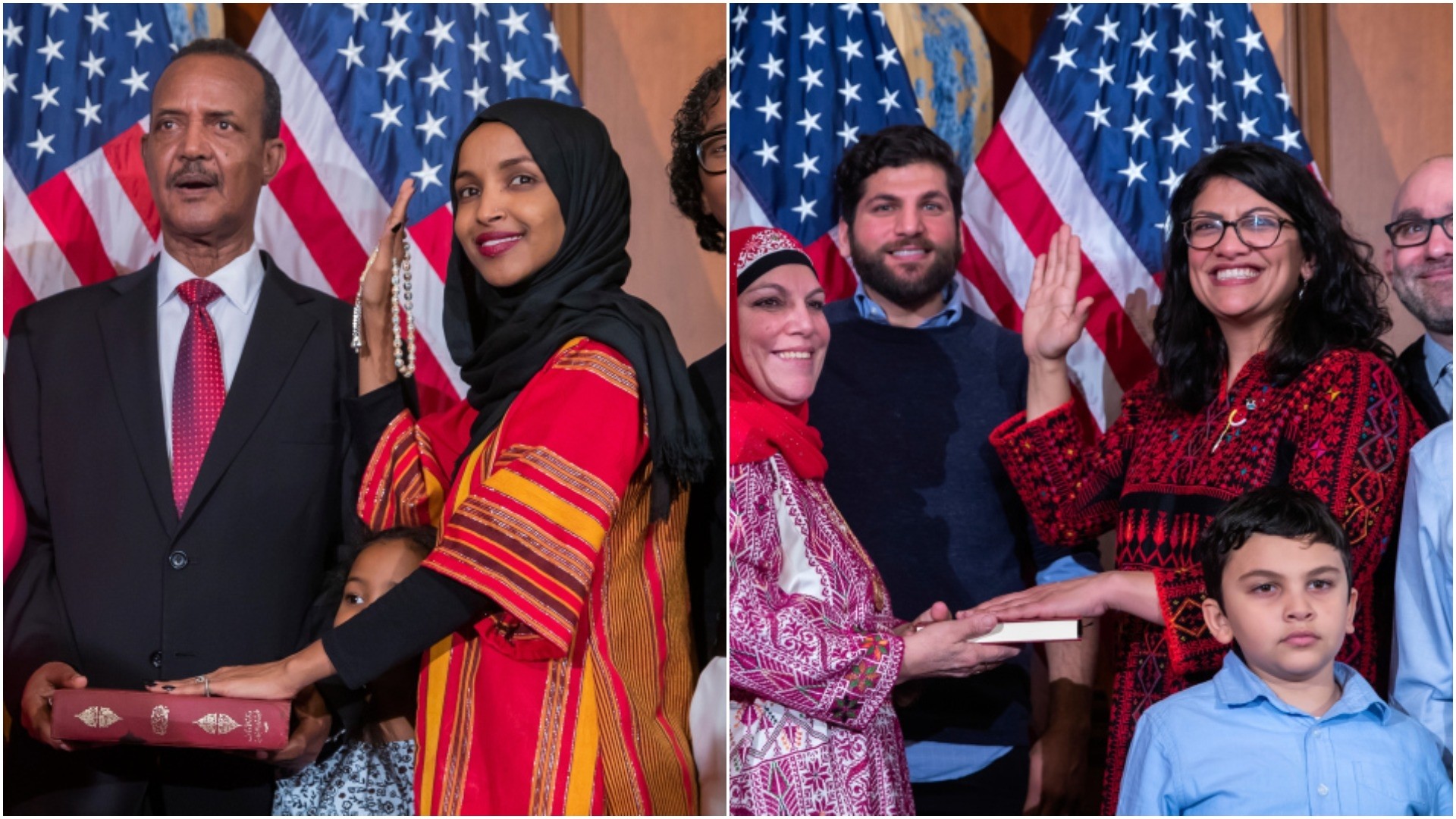Ilhan Omar (L) and Rashida Tlaib (R) take their oaths of office. (EPA/AA Photos)