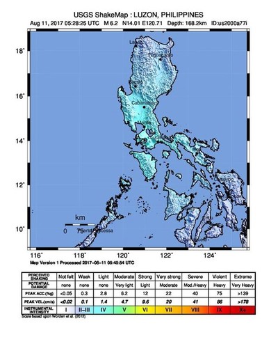 A handout shake map made available by the United States Geological Survey shows the location of a 6.2 magnitude earthquake which struck at 1:28 pm local time (5:28 UTC) at a depth of 168 km off the coast of Luzon Island, Philippines, 11 August 2017
