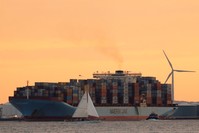 The Maersk ship Adrian Maersk is seen as it departs from New York Harbor.