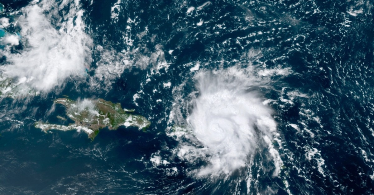 This GOES-16 satellite image taken Tuesday, Aug. 28, 209, at 17:20 UTC and provided by National Oceanic and Atmospheric Administration (NOAA), shows Dorian, a Category 1 hurricane, crossing over the U.S. and British Virgin Islands.(AP Photo)