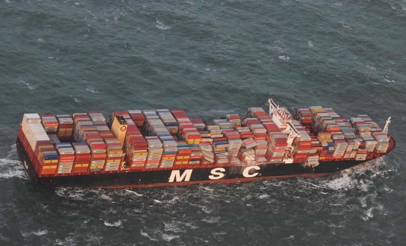 Aerial photo provided by the Central Command for Maritime Emergencies Germany shows container vessel MSC ZOE near the German North Sea island of Borkum Wednesday, Jan. 2, 2019. (AP Photo)