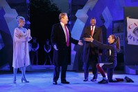 Tina Benko, left, portrays Melania Trump in the role of Caesaru2019s wife, Calpurnia, and Gregg Henry, center left, portrays President Donald Trump in the role of Julius Caesar during a dress rehearsal.