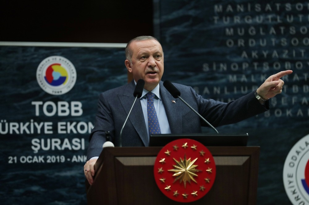 President Recep Tayyip Erdou011fan speaks during the Union of Chambers and Commodity Exchanges of Turkey (TOBB) Economy Council Meeting in Ankara, Jan. 21, 2019.