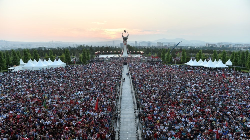 The crowd at a ceremony to mark the first anniversary of the failed coup attempt in front of the new monument for martyrs at the Presidential Palace in Ankara, July 16.