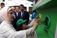 First Lady Emine Erdo?an, who launched the project in 2017, deposits a bottle to a zero waste container, Ankara, Oct. 7, 2019 (AA Photo) 