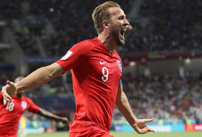 England's Harry Kane celebrates after scoring his side's second goal during the group G match between Tunisia and England at the 2018 soccer World Cup in Volgograd, Russia, Monday, June 18, 2018. (AP Photo)