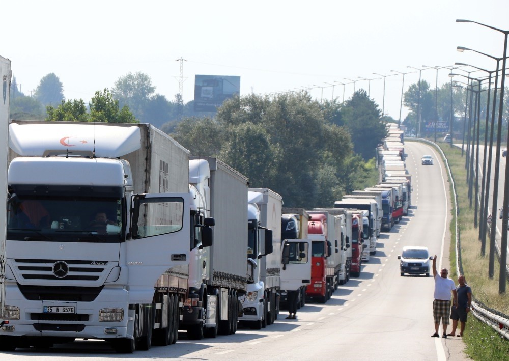 A view of the 9-km queue of Turkish trucks at the Kapu0131kule Border Gate, waiting for passage to carry export goods to Europe.