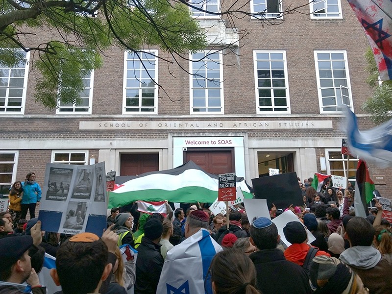 A BDS demonstration outside the School of Oriental and African Studies in London, April 2017. (File Photo)