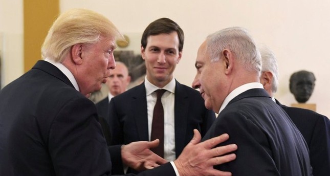 U.S. President Donald Trump (L), Israeli Prime Minister Benjamin Netanyahu (R) and Jared Kushner during a meeting at the King David hotel in Jerusalem, May 22, 2017.