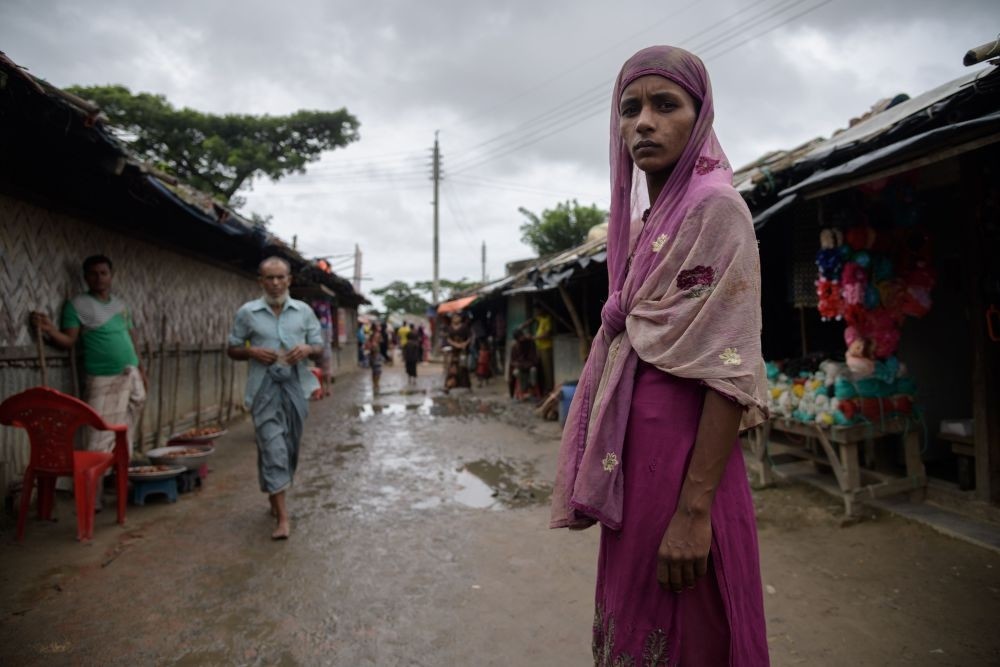 A Rohingya refugee stands on a path in the Nayapara refugee camp near Cox's Bazar, Aug. 13.