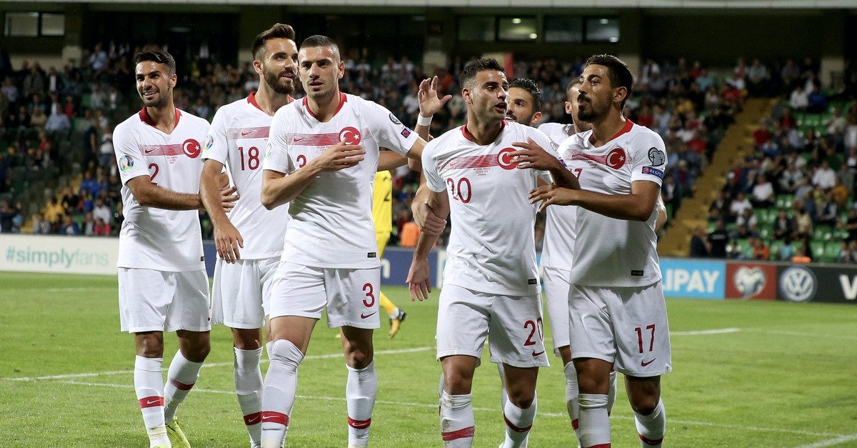 Turkeyu2019s Deniz Tu00fcru00fcu00e7 (second from right) celebrate his goal against Moldova in a Euro 2020 qualifier, Chisinau, Sept. 10, 2019.