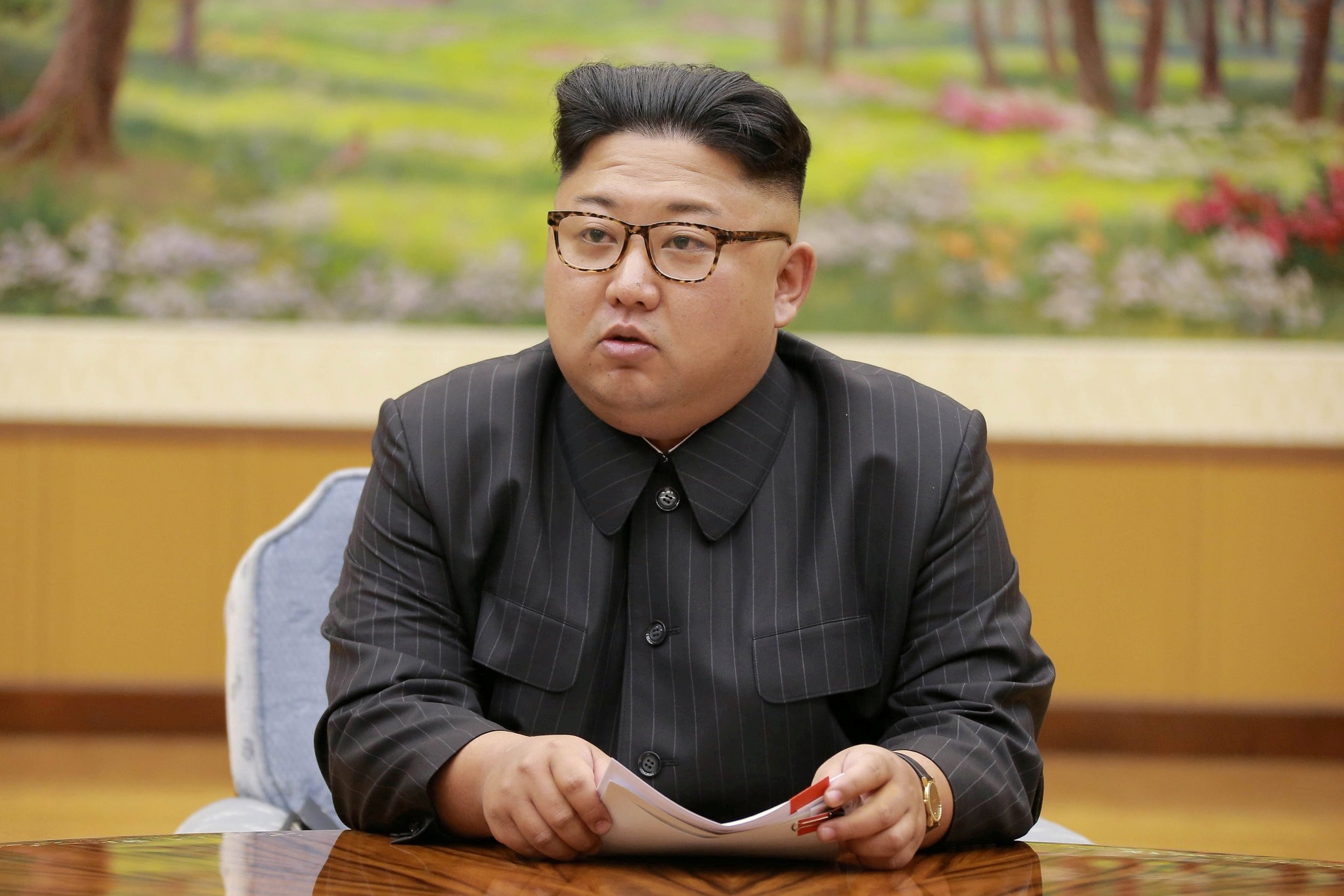 North Korean leader Kim Jong Un participates in a meeting with the Presidium of the Political Bureau of the Central Committee of the Workers Party of Korea in this undated photo released by KCNA. (REUTERS Photo)