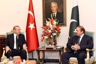 President Erdou011fan talking with Pakistani Prime Minister Muhammad Nawaz Sharif during their meeting at Pakistani Prime Minister House on Feb 28.