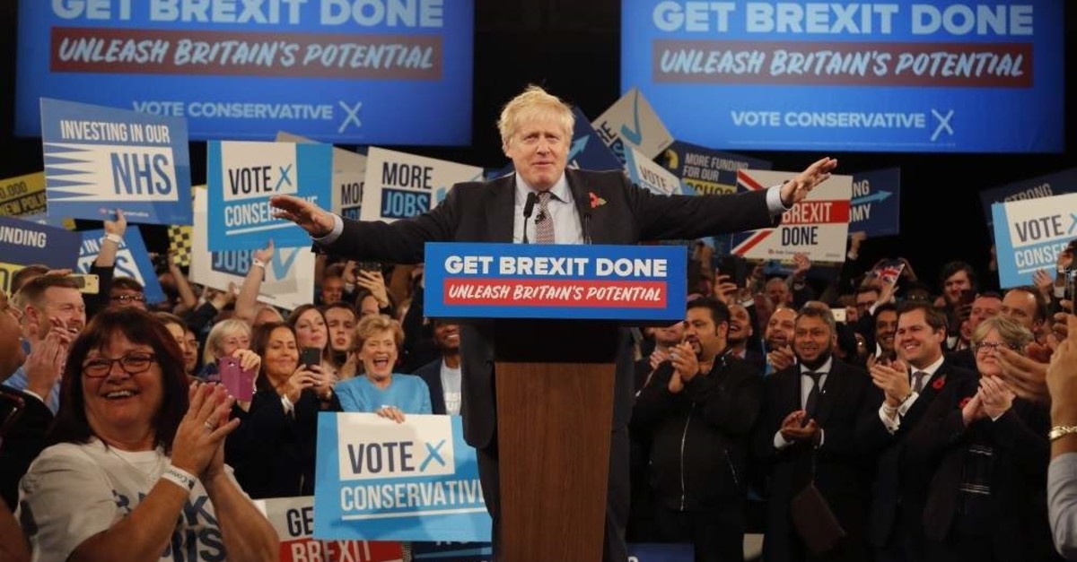 Britain's Prime Minister Boris Johnson speaks during an election campaign event for his ruling Conservative Party at the National Exhibition Center, Birmingham, Nov. 6, 2019. (AP Photo)