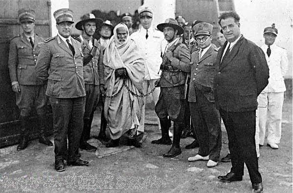 Omar Mukhtar being taken away after he was arrested by occupation powers.